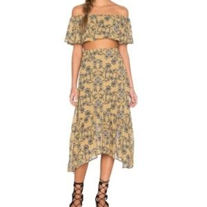 FOR LOVE AND LEMONS XS Mustard Yellow Floral Skirt + Off Shoulder Top Set